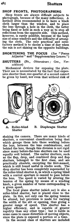 To this day, camera shutters were always highly complex constructions. The 1911 Cyclopedia of Photography divides shutters into “roller-blind” and “diaphragm” types, corresponding roughly to the modern focal-plane and leaf types.
