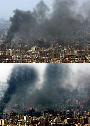 Truly impermissible, cheaply manipulated Reuters images showing a Beirut air raid in 2006; taken and altered by Lebanese photographer Adnan Hajj.