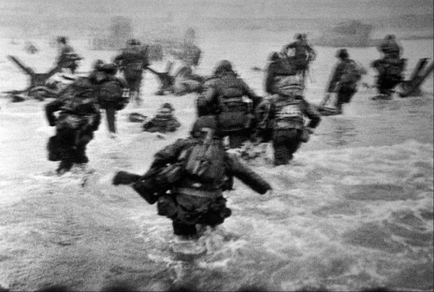 Some of Capa's most famous war time pictures include his Magnificent Eleven, a series of black-and-white photos showing the American forces landing at Omaha Beach on D-Day. Capa was in one of the landing crafts together with one of the invading platoons. He shot 106 frames of films that day, and was in London the next day to have his film developed. The story goes that the darkroom technician assigned to process the film was so excited to see the resulting pictures that he applied too much heat to the film drying process, accidentally melting almost all of the frames. Only 11 images survived, and these precious 11 were among the first pictures of D-Day to be published and seen by the American public.