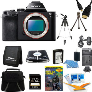 Sony A7 24.3MP + 64 GB SDXC Memory Card + 59″ Tripod + NP-FW50 Camera Battery + Carrying Case + Memory Card Wallet + 57-in-1 Memory Card Reader and more for $1,698