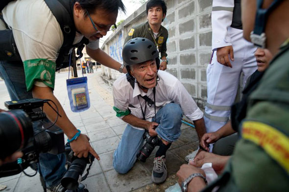 James Nachtwey, shortly after being wounded during protests in Thailand on Saturday, February 1, 2013. | Jonas Gratzer / TIME