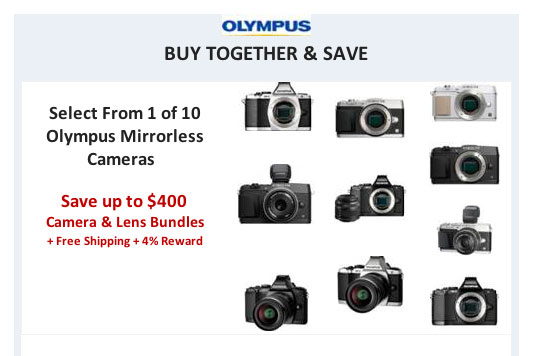 Click image for deals -- save up to $400 on Olympus mirrorless cameras and lens bundles.