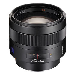 The Carl Zeiss 85mm F1.4 Planar T* for Sony Alphy, pricey portraiture optics but worth every cent.