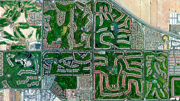 Thinking about hitting the links this weekend? If you find yourself in Palm Desert, California, there certainly isn’t a shortage of clubs to choose from. The courses seen here, going clockwise from the upper left, are as follows: Desert Willow Golf Resort, Desert Falls Country Club, Palm Valley Country Club, Palm Desert Resort Country Club, Indian Ridge Country Club and Marriott’s Desert Springs Resort. | Daily Overview