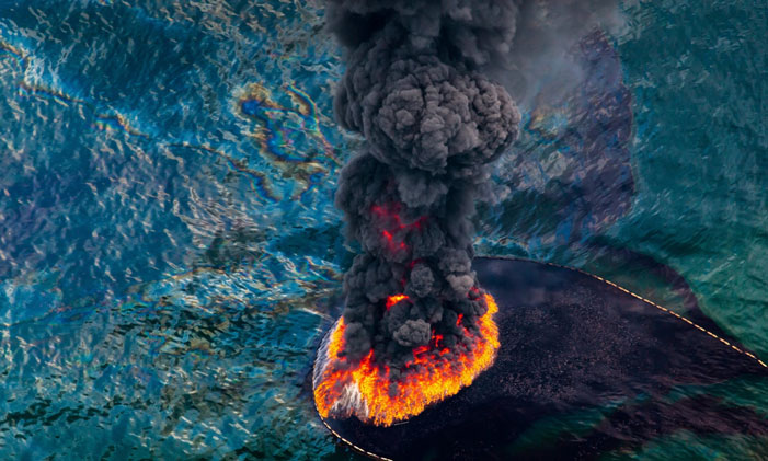 Oil Spill Fire Aerial view of an oil fire following the 2010 Deepwater Horizon oil disaster in the Gulf of Mexico. "We must realize that not only does every area have a limited carrying capacity, but also that this carrying capacity is shrinking and the demand growing. Until this understanding becomes an intrinsic part of our thinking and wields a powerful influence on our formation of national and international policies we are scarcely likely to see in what direction our destiny lies." (William Vogt) | Daniel Beltra / Population Speak Out