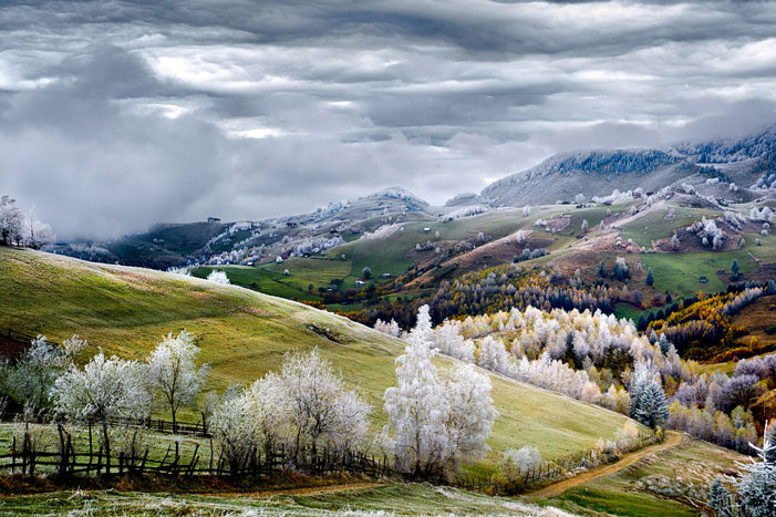 White frost over Pestera village in Romania. | Eduard Gutescu / National Geographic Traveler Photo Contest 2015